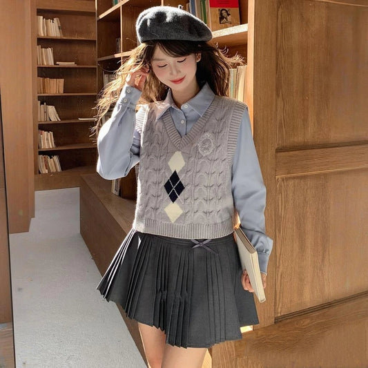 Sweet Preppy Style Gray Bow-Tie Pleated Skirt