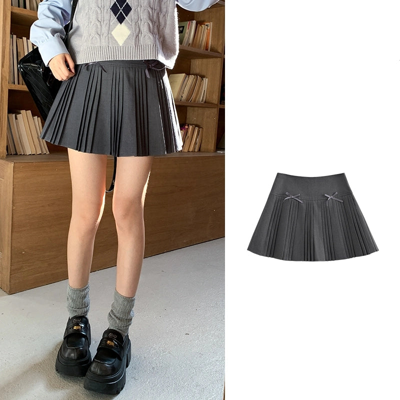 Sweet Preppy Style Gray Bow-Tie Pleated Skirt
