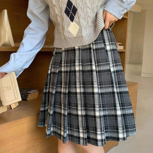 Sweet Preppy Style Gray Plaid Pleated Skirt