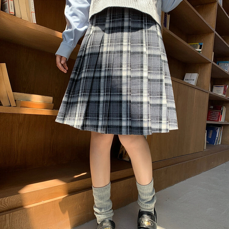 Sweet Preppy Style Gray Plaid Pleated Skirt