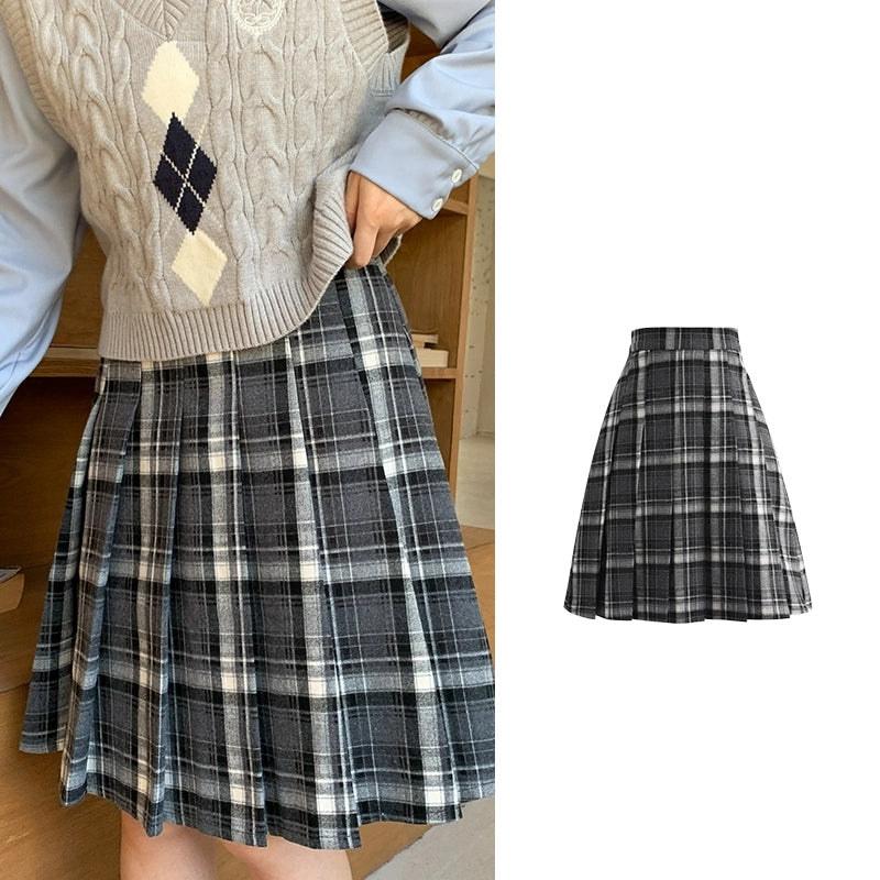 Sweet Preppy Style Gray Plaid Pleated Skirt
