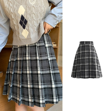 Sweet Preppy Style Gray Plaid Pleated Skirt