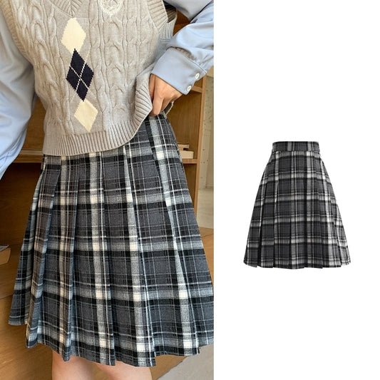 Sweet Preppy Style Gray Plaid Pleated Skirt