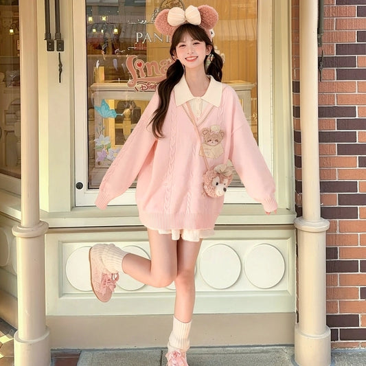 Sweet Preppy-Style Pink Bear Embroidered Sweater