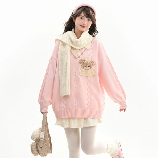 Sweet Preppy-Style Pink Bear Embroidered Sweater