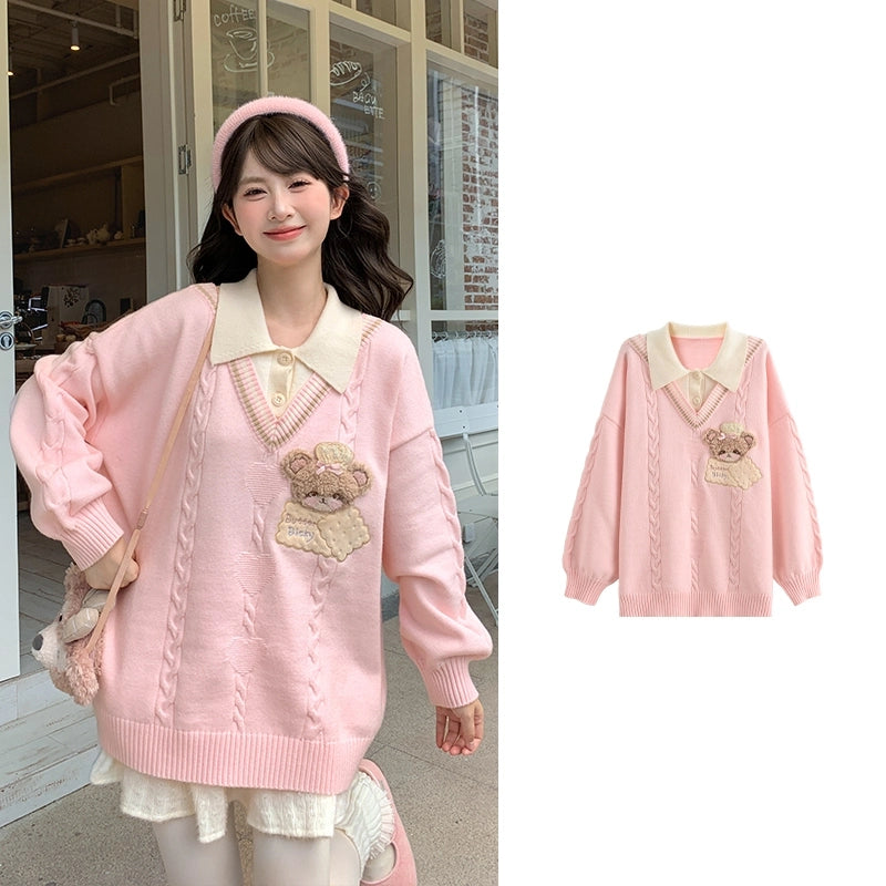Sweet Preppy-Style Pink Bear Embroidered Sweater