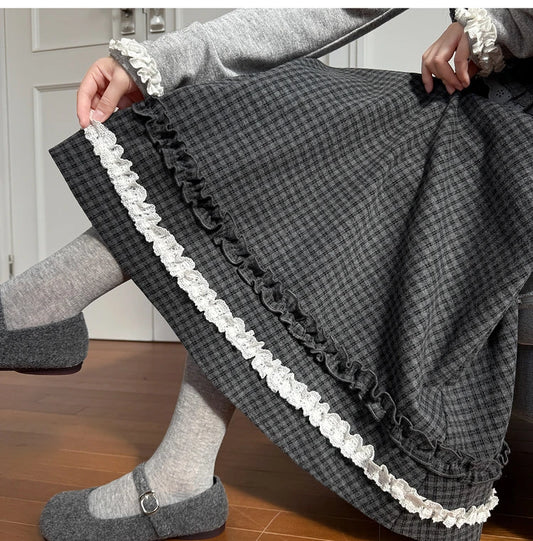Sweet Preppy Style Plaid Lace Trim Skirt