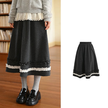 Sweet Preppy Style Plaid Lace Trim Skirt