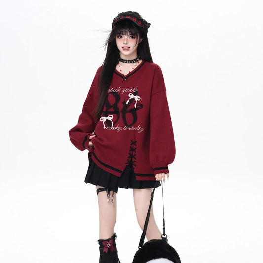 Sweet Preppy Style V-Neck Loose Sweater