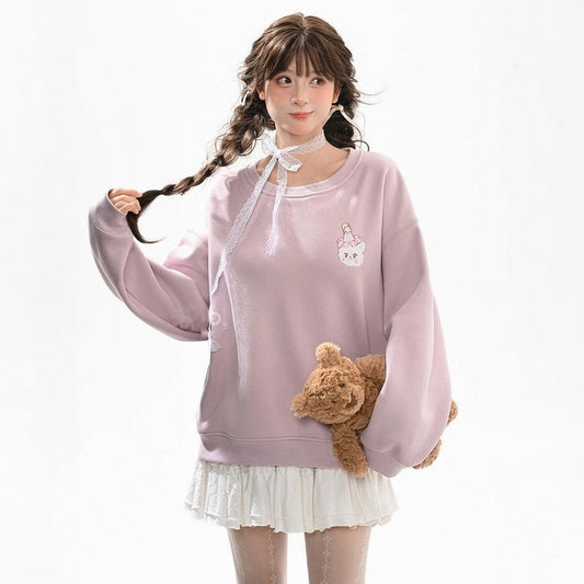 Sweet Purple Cartoon Cat Crewneck Sweatshirt