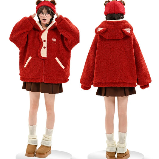 Sweet Red Cat Ear Hooded Fleece Coat