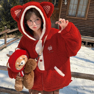 Sweet Red Cat Ear Hooded Fleece Coat
