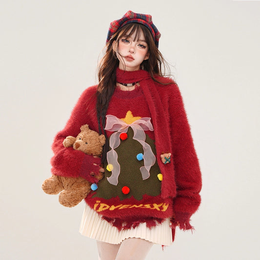 Sweet Red Christmas Tree Embroidered Sweater