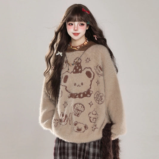 Sweet Retro Style Cartoon Bear Hooded Sweater