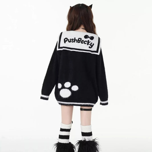 Sweet Soft Girl Style Black Navy Collar Cardigan Sweater