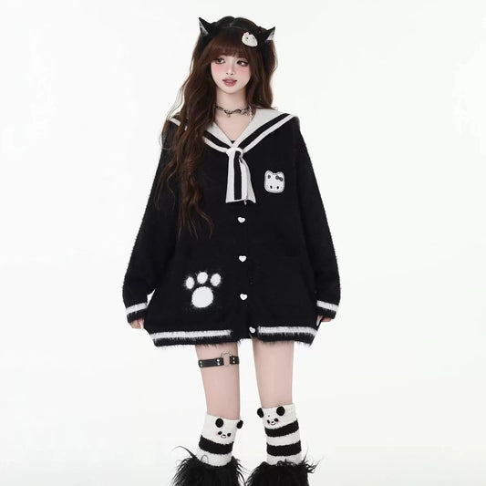 Sweet Soft Girl Style Black Navy Collar Cardigan Sweater