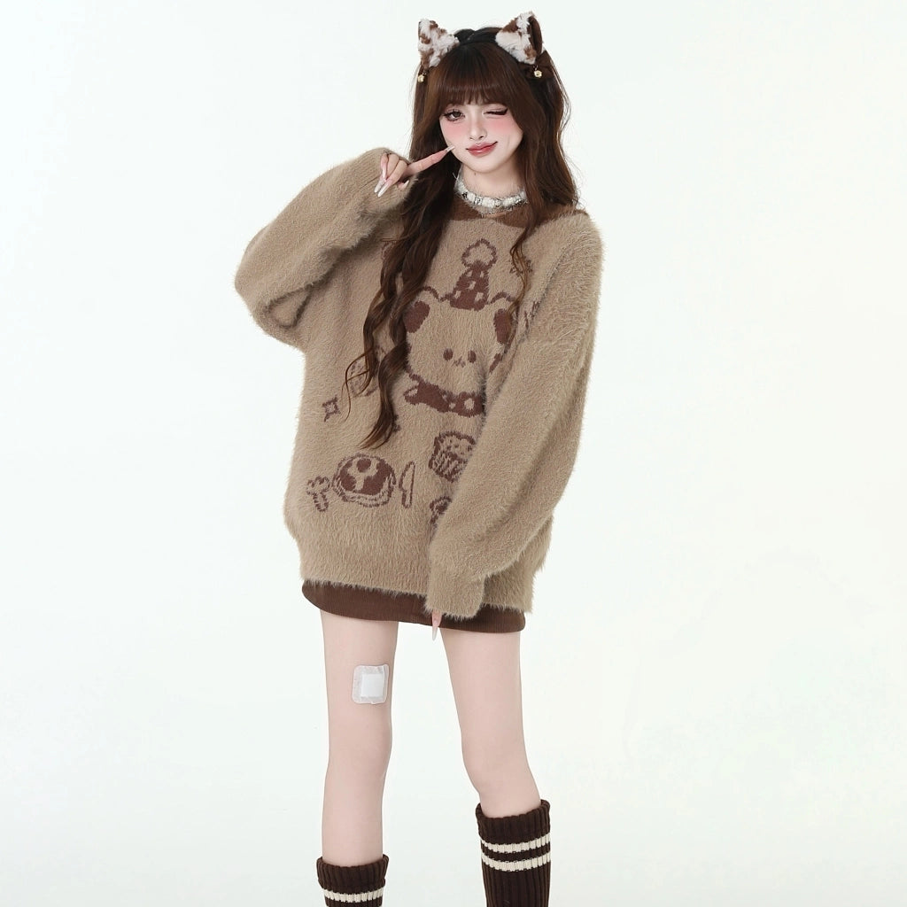Sweet Soft Girl Style Cartoon Bear Embroidered Hooded Sweater