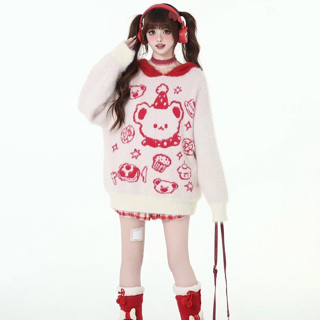 Sweet Soft Girl Style Cartoon Bear Embroidered Hooded Sweater