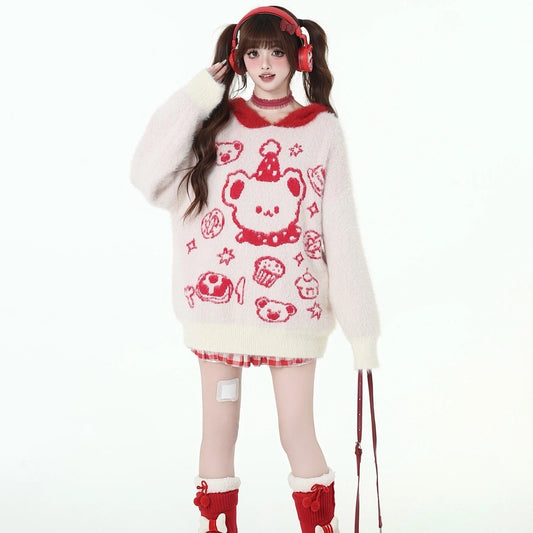 Sweet Soft Girl Style Cartoon Bear Embroidered Hooded Sweater