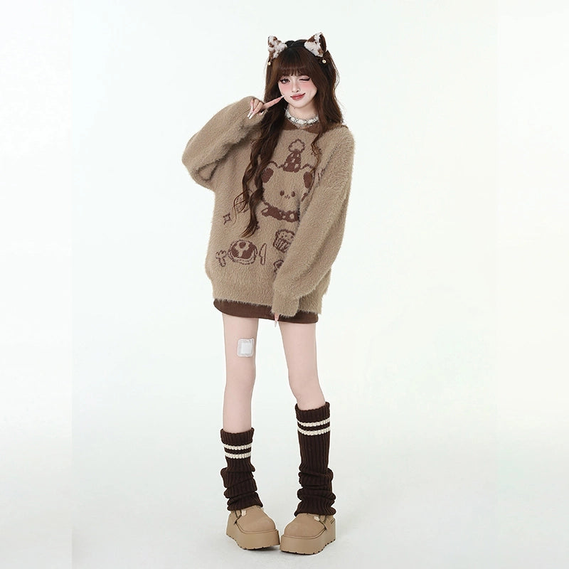 Sweet Soft Girl Style Cartoon Bear Embroidered Hooded Sweater