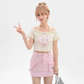 Sweet Soft Girl Style Cartoon Cat Print Short T-shirt