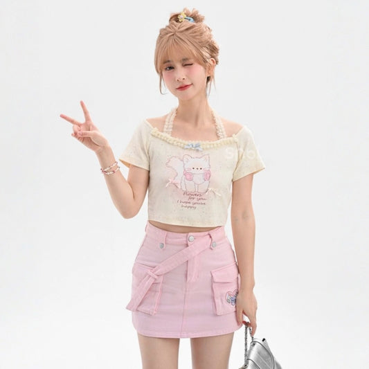 Sweet Soft Girl Style Cartoon Cat Print Short T-shirt