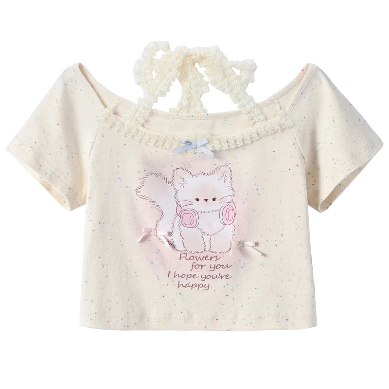 Sweet Soft Girl Style Cartoon Cat Print Short T-shirt