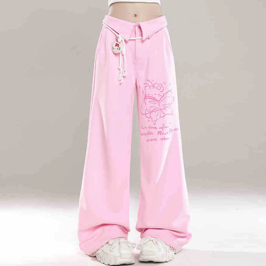 Sweet Soft Girl Style Hello Kitty Print Straight Sports Pants