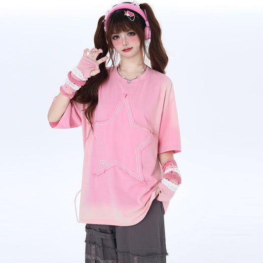 Sweet Soft Girl Style Pink All-match Round Neck T-shirt