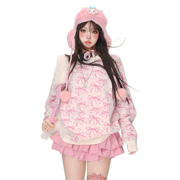 Sweet Soft Girl Style Pink Bow Embroidered Knitted Sweater