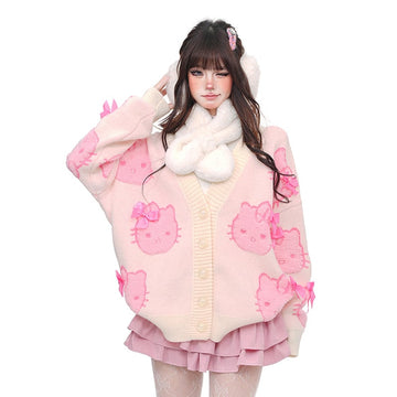 Sweet Soft Girl Style Pink Hello Kitty Printed Cardigan Sweater