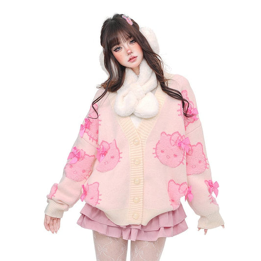 Sweet Soft Girl Style Pink Hello Kitty Printed Cardigan Sweater