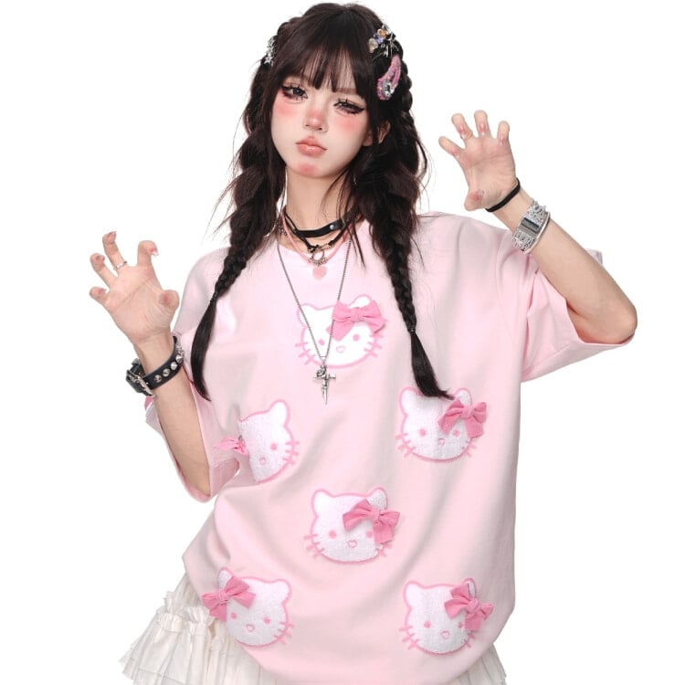 Sweet Soft Girl Style Pink Hello Kitty Printed T-shirt