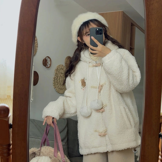 Sweet Soft Girl Style White Bear Hooded Coat