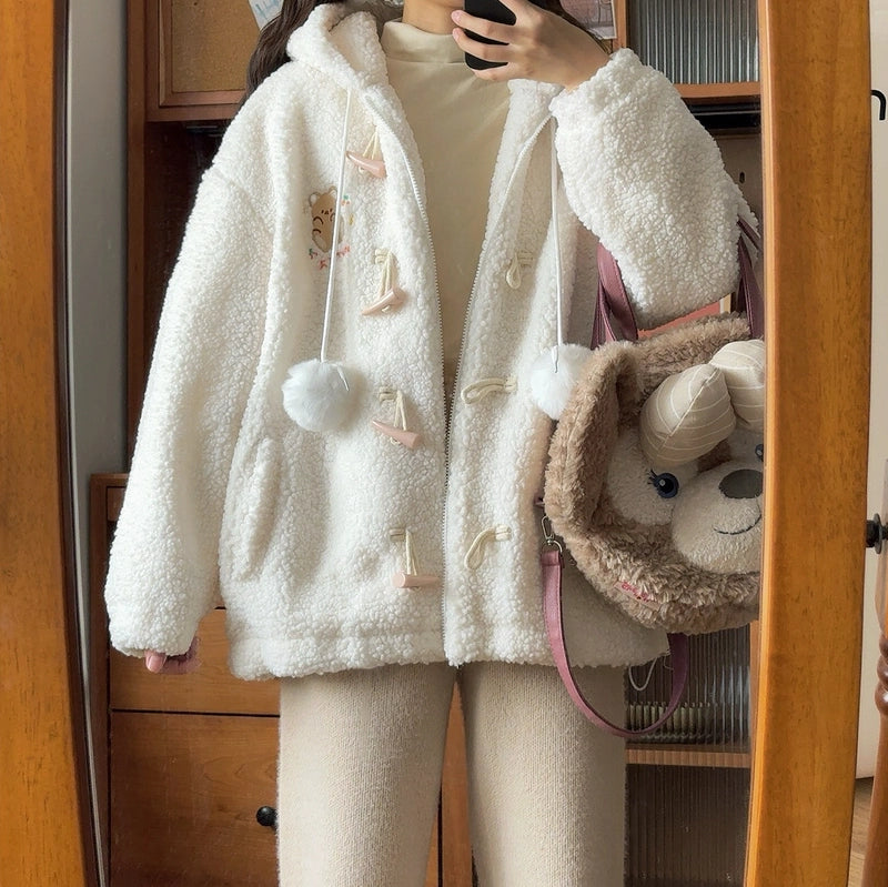 Sweet Soft Girl Style White Bear Hooded Coat