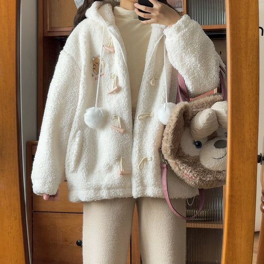Sweet Soft Girl Style White Bear Hooded Coat
