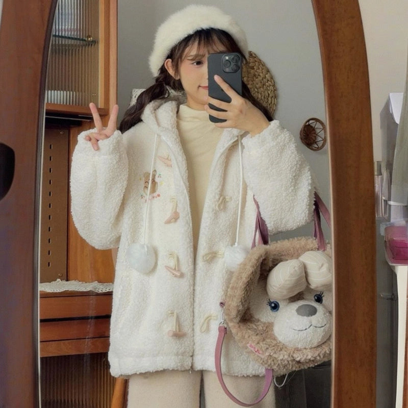 Sweet Soft Girl Style White Bear Hooded Coat