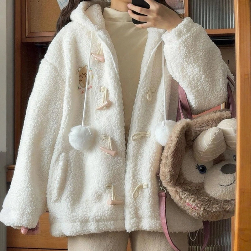 Sweet Soft Girl Style White Bear Hooded Coat