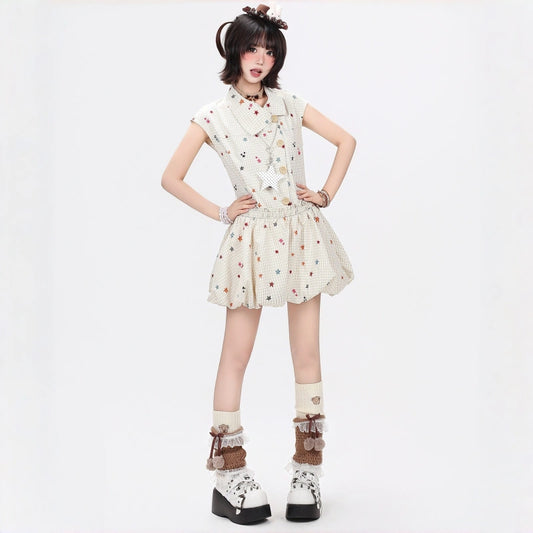 Sweet Star Plaid Bubble Sleeveless Dress