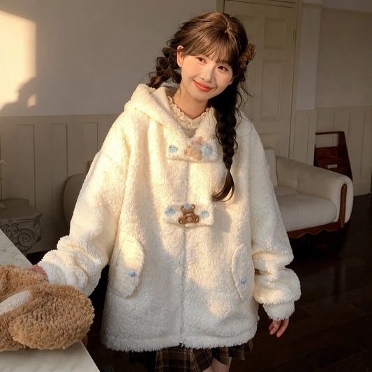 Sweet Style Bear-Themed Fleece Hooded Sweatshirt