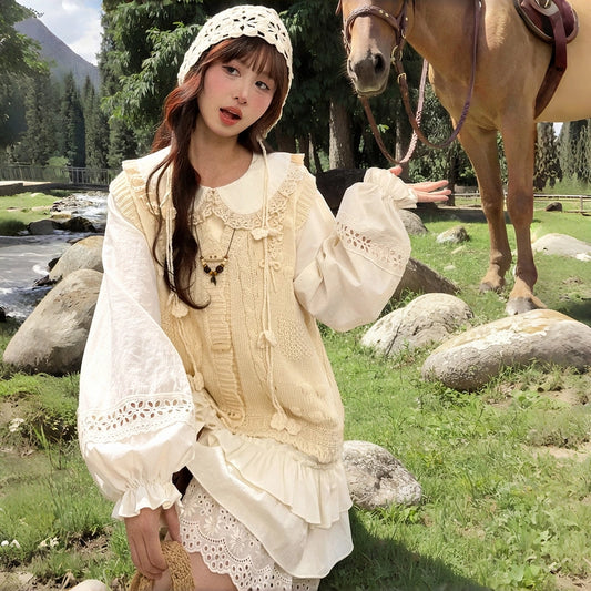 Sweet Style Beige Yellow V-neck Knitted Vest