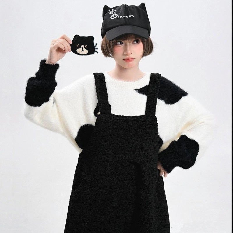 Sweet Style Black Cat Embroidered Overalls