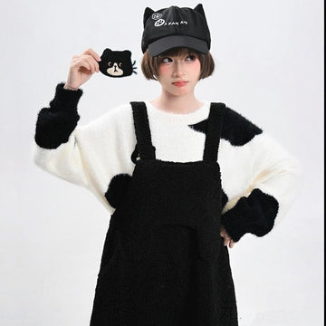 Sweet Style Black Cat Embroidered Overalls