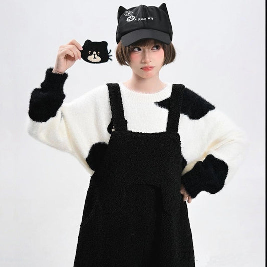 Sweet Style Black Cat Embroidered Overalls