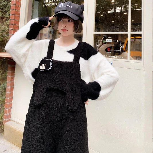 Sweet Style Black Cat Embroidered Overalls