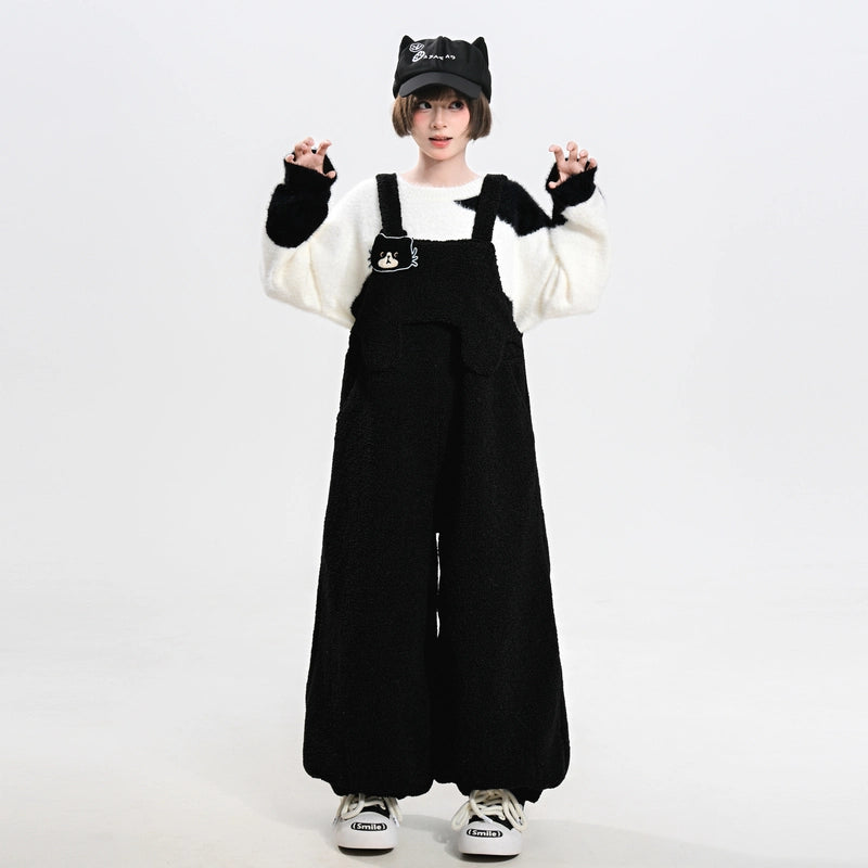 Sweet Style Black Cat Embroidered Overalls