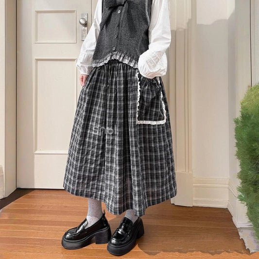 Sweet Style Black White Plaid Midi Skirt
