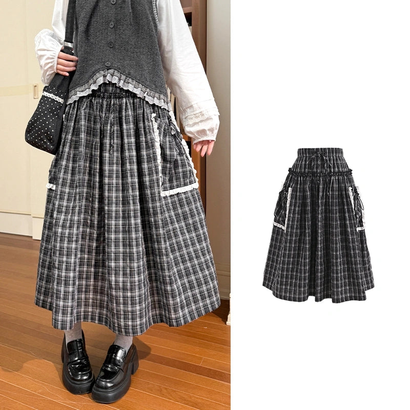 Sweet Style Black White Plaid Midi Skirt