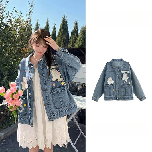 Sweet Style Blue Lace-Trimmed Denim Jacket