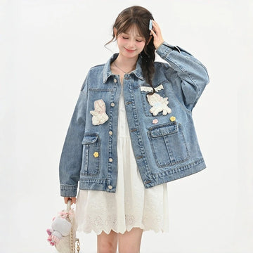 Sweet Style Blue Lace-Trimmed Denim Jacket